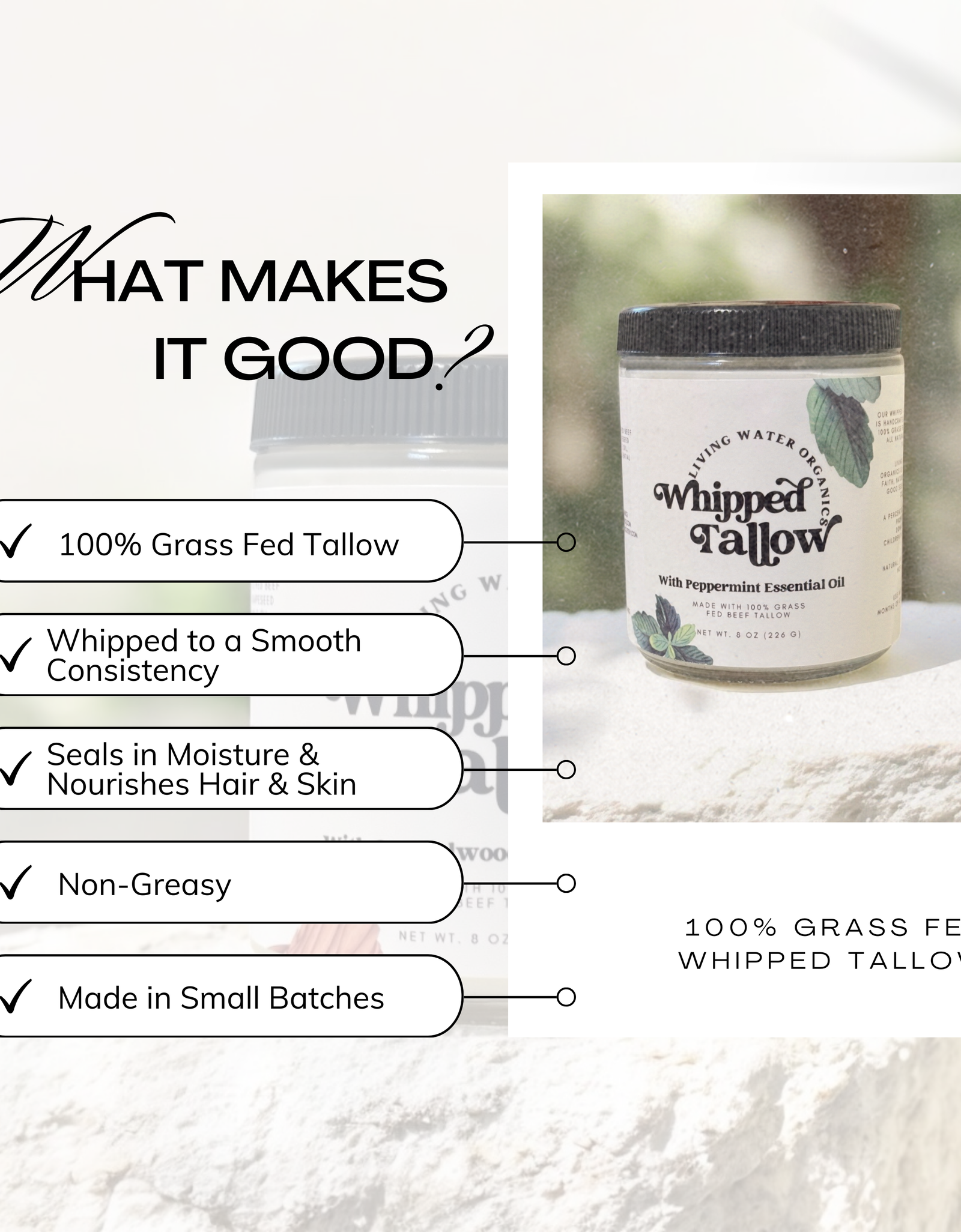 100% Grass Fed Whipped Tallow for Face, Hair, and Skin, Natural Tallow