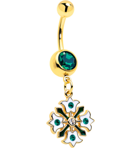 Green Gem Gold Tone Flower Wreath Dangle Belly Ring