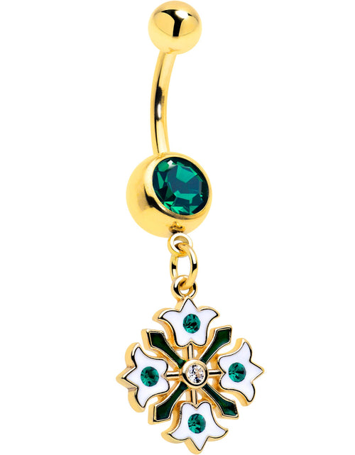 Load image into Gallery viewer, Green Gem Gold Tone Flower Wreath Dangle Belly Ring
