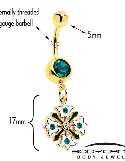 Load image into Gallery viewer, Green Gem Gold Tone Flower Wreath Dangle Belly Ring
