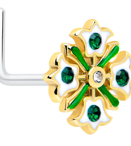 20G 7mm Green Gem Flower Wreath L Shape Nose Ring
