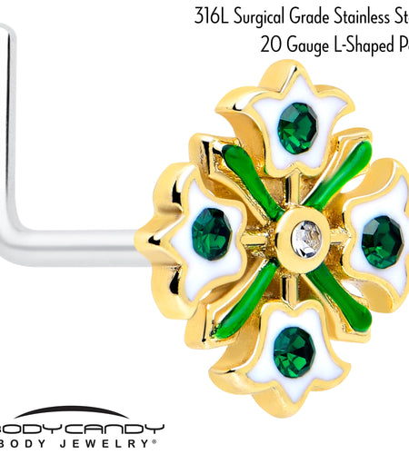 20G 7mm Green Gem Flower Wreath L Shape Nose Ring