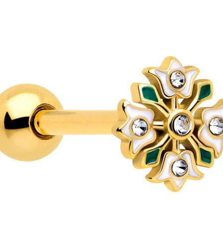 Clear Gem Gold Tone Flower Wreath Barbell Tongue Ring