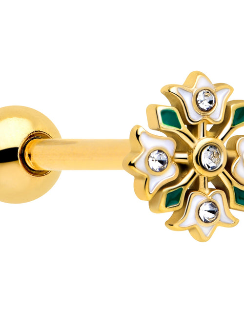 Load image into Gallery viewer, Clear Gem Gold Tone Flower Wreath Barbell Tongue Ring
