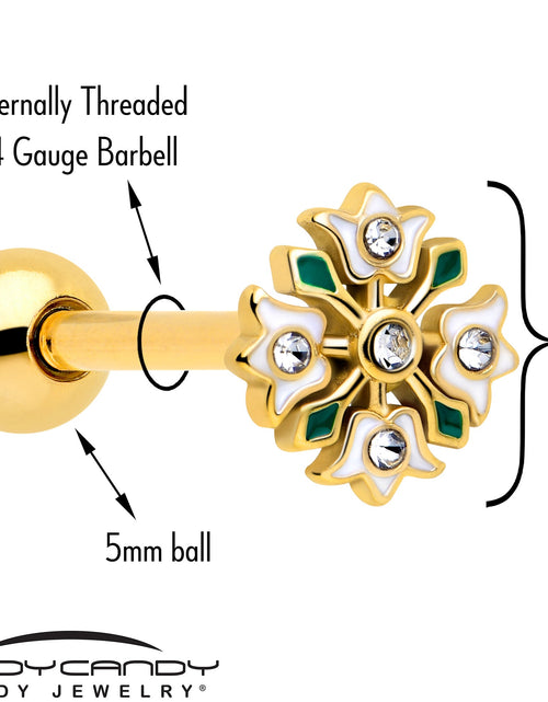 Load image into Gallery viewer, Clear Gem Gold Tone Flower Wreath Barbell Tongue Ring
