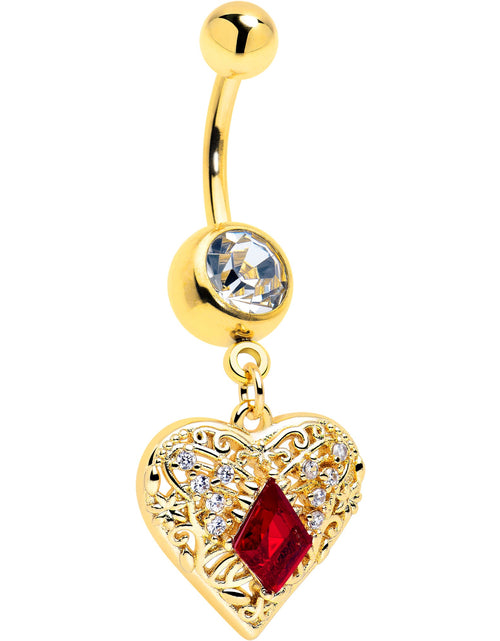 Load image into Gallery viewer, Red CZ Gem Gold Tone Heart Queen Dangle Belly Ring
