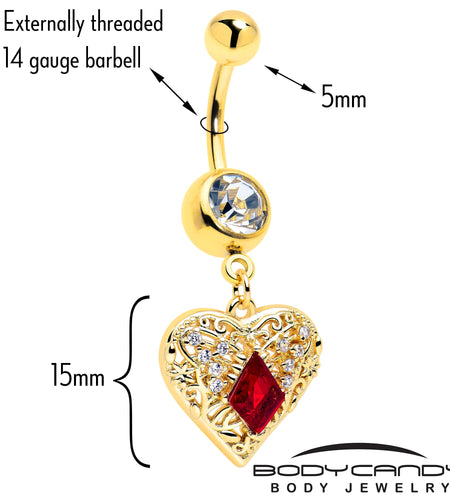 Red CZ Gem Gold Tone Heart Queen Dangle Belly Ring