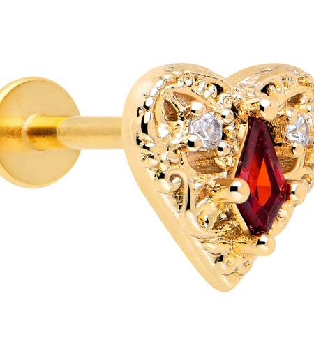 16G 5/16 Red CZ Gem Gold Tone Heart Queen Flatback Stud