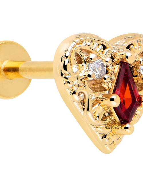 Load image into Gallery viewer, 16G 5/16 Red CZ Gem Gold Tone Heart Queen Flatback Stud
