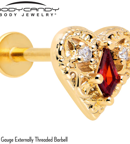 16G 5/16 Red CZ Gem Gold Tone Heart Queen Flatback Stud