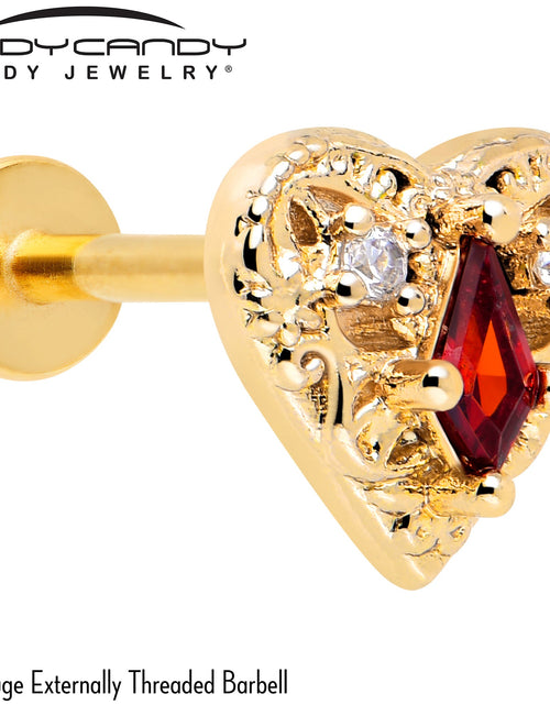 Load image into Gallery viewer, 16G 5/16 Red CZ Gem Gold Tone Heart Queen Flatback Stud
