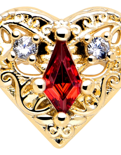 Load image into Gallery viewer, 16G 5/16 Red CZ Gem Gold Tone Heart Queen Flatback Stud
