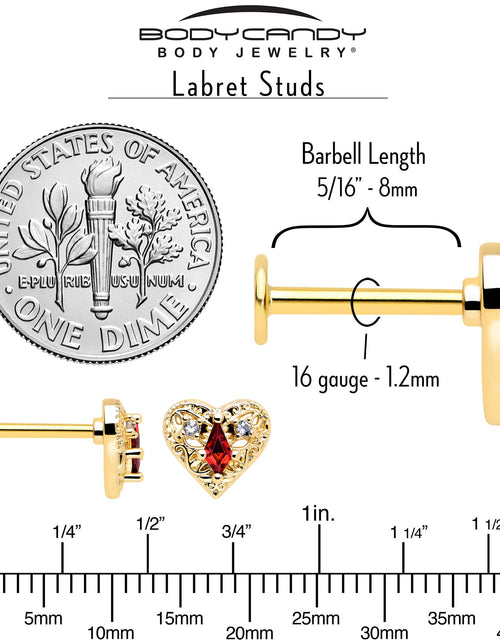 Load image into Gallery viewer, 16G 5/16 Red CZ Gem Gold Tone Heart Queen Flatback Stud
