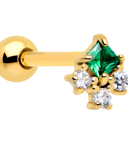 Green CZ Gem Gold Tone Rhombus Riot Barbell Tongue Ring