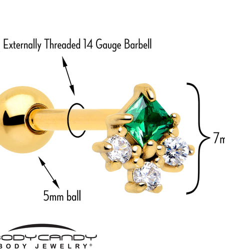 Green CZ Gem Gold Tone Rhombus Riot Barbell Tongue Ring
