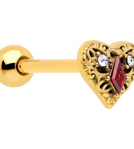 Red CZ Gem Gold Tone Heart Queen Barbell Tongue Ring