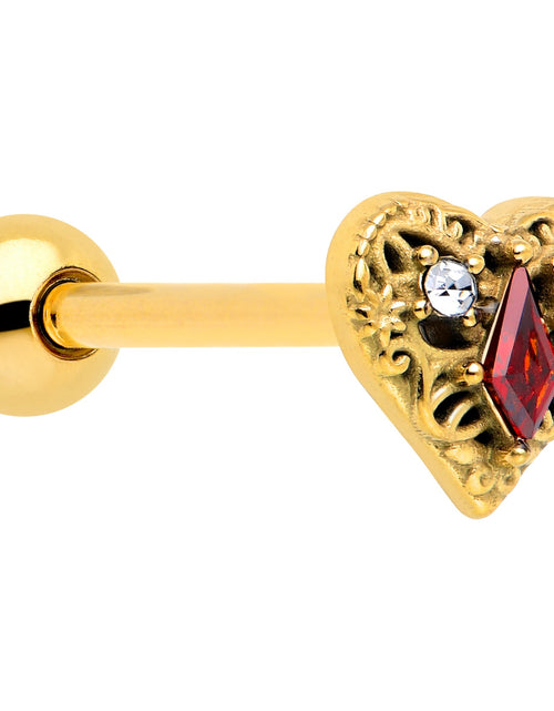Load image into Gallery viewer, Red CZ Gem Gold Tone Heart Queen Barbell Tongue Ring

