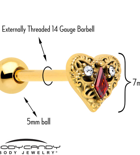 Red CZ Gem Gold Tone Heart Queen Barbell Tongue Ring