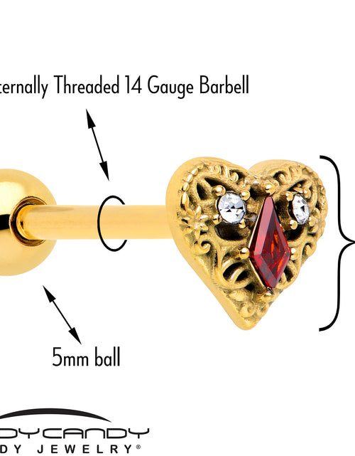 Load image into Gallery viewer, Red CZ Gem Gold Tone Heart Queen Barbell Tongue Ring
