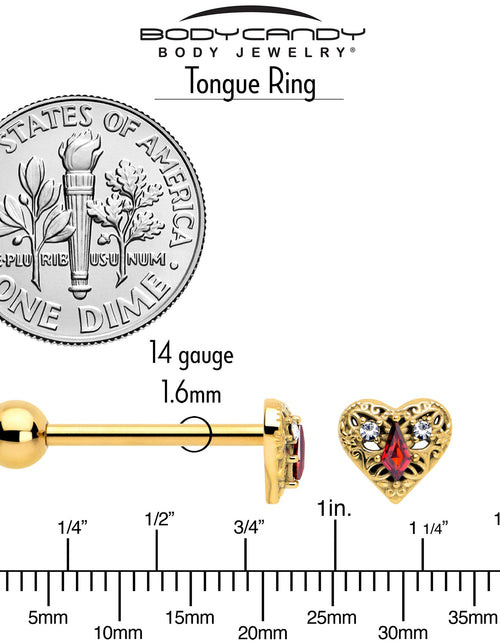 Load image into Gallery viewer, Red CZ Gem Gold Tone Heart Queen Barbell Tongue Ring
