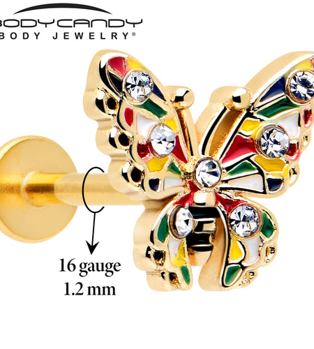 16G 5/16 Clear Gem Gold Tone Color Block Butterfly Labret Tragus