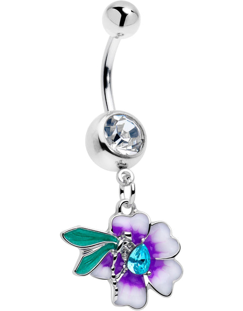 Load image into Gallery viewer, Blue Gem Faerie Flower Purple Dangle Belly Ring
