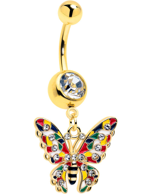 Load image into Gallery viewer, Clear Gem Gold Tone Color Block Butterfly Dangle Belly Ring
