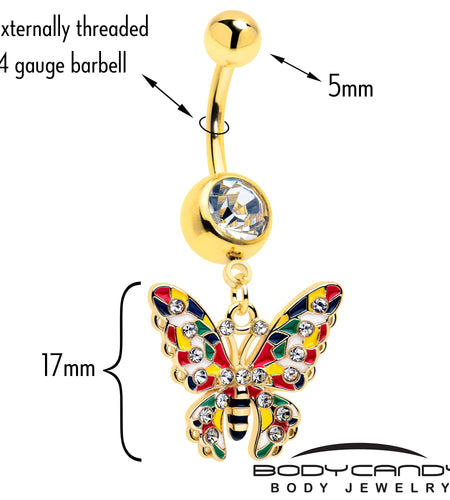 Clear Gem Gold Tone Color Block Butterfly Dangle Belly Ring