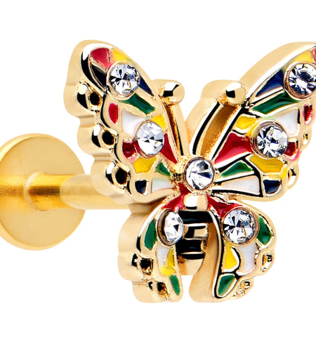 16G 1/4 Clear Gem Gold Tone Color Block Butterfly Labret