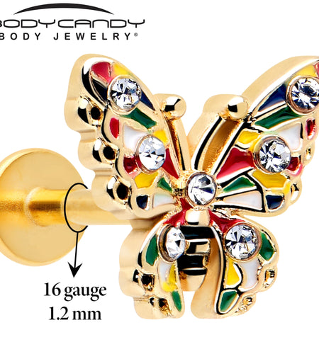 16G 1/4 Clear Gem Gold Tone Color Block Butterfly Labret
