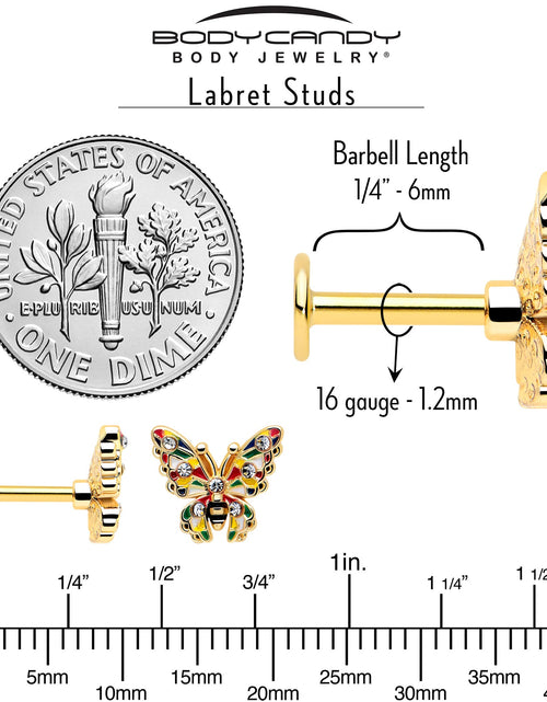 Load image into Gallery viewer, 16G 1/4 Clear Gem Gold Tone Color Block Butterfly Labret

