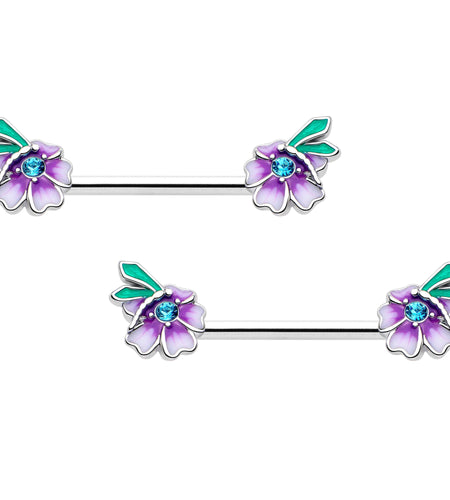 14G 9/16 Blue Gem Faerie Flower Purple Barbell Nipple Ring Set