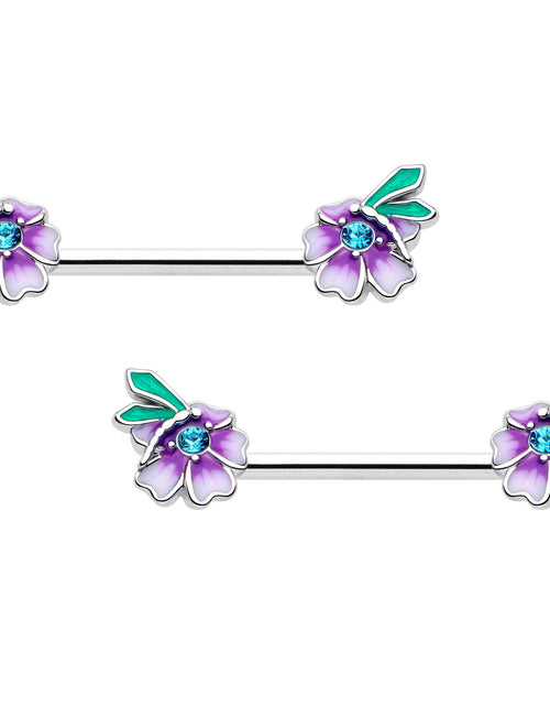 Load image into Gallery viewer, 14G 9/16 Blue Gem Faerie Flower Purple Barbell Nipple Ring Set
