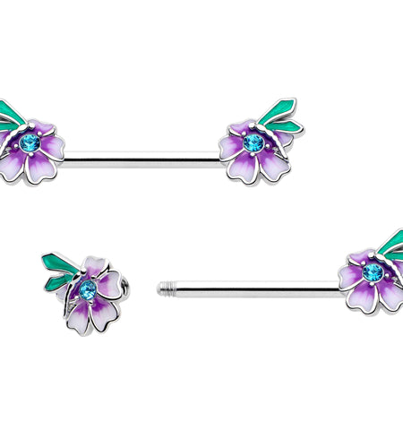 14G 9/16 Blue Gem Faerie Flower Purple Barbell Nipple Ring Set