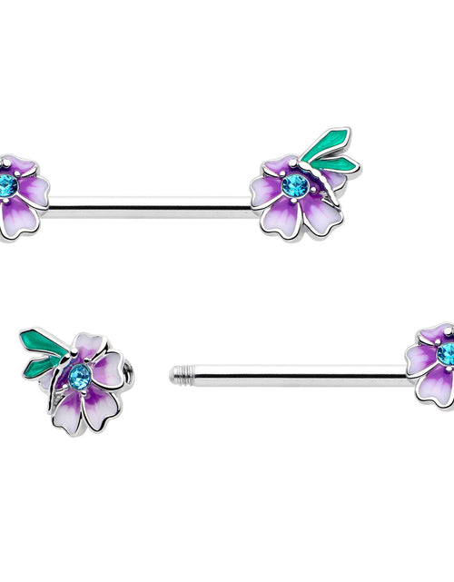 Load image into Gallery viewer, 14G 9/16 Blue Gem Faerie Flower Purple Barbell Nipple Ring Set
