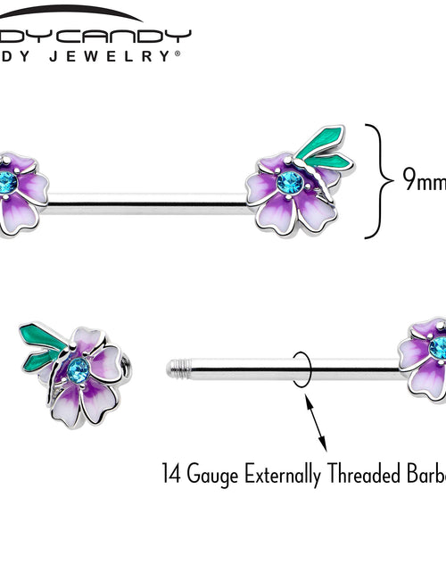 Load image into Gallery viewer, 14G 9/16 Blue Gem Faerie Flower Purple Barbell Nipple Ring Set
