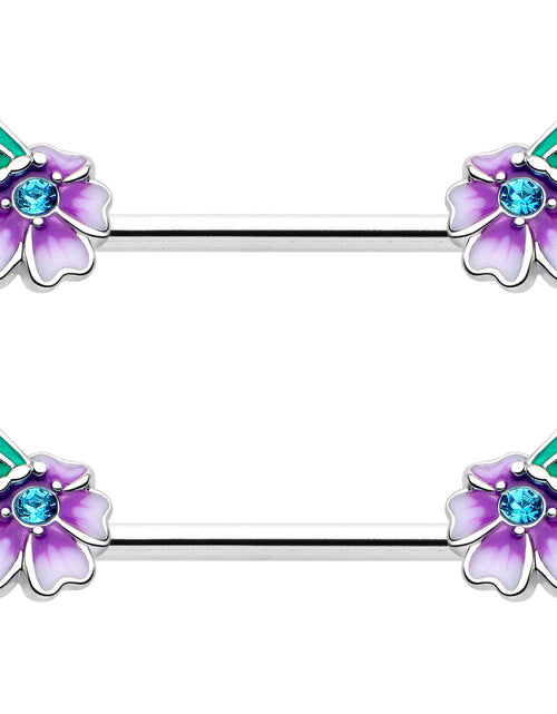 Load image into Gallery viewer, 14G 9/16 Blue Gem Faerie Flower Purple Barbell Nipple Ring Set
