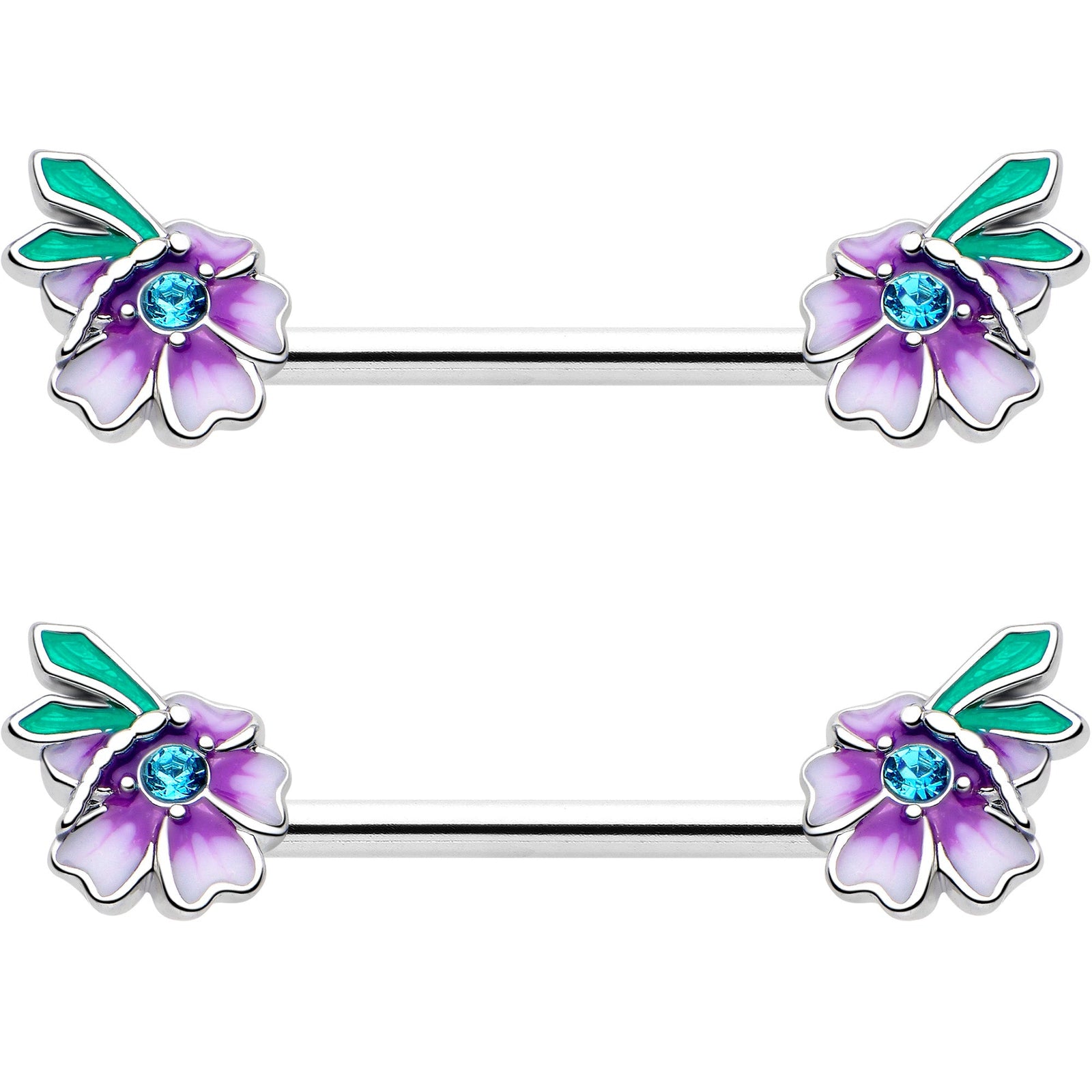14G 9/16 Blue Gem Faerie Flower Purple Barbell Nipple Ring Set