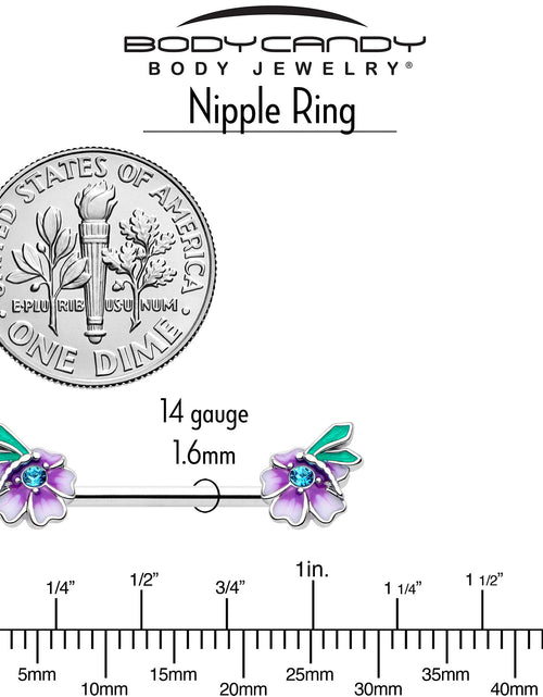 Load image into Gallery viewer, 14G 9/16 Blue Gem Faerie Flower Purple Barbell Nipple Ring Set
