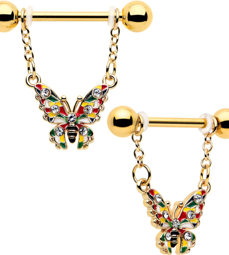 14G 9/16 Clear Gem Gold Tone Color Block Butterfly Dangle Nipple Ring Set