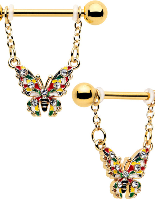 Load image into Gallery viewer, 14G 9/16 Clear Gem Gold Tone Color Block Butterfly Dangle Nipple Ring Set
