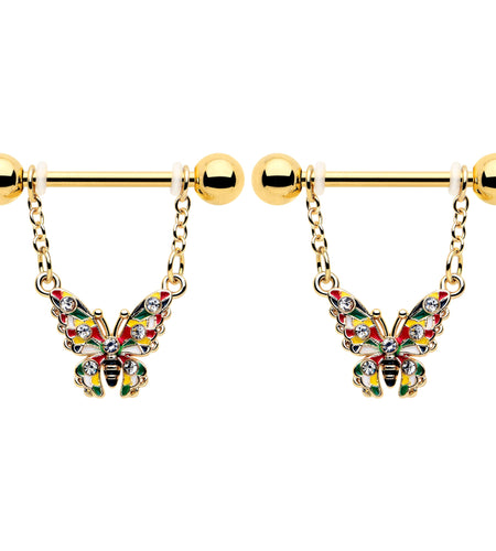 14G 9/16 Clear Gem Gold Tone Color Block Butterfly Dangle Nipple Ring Set