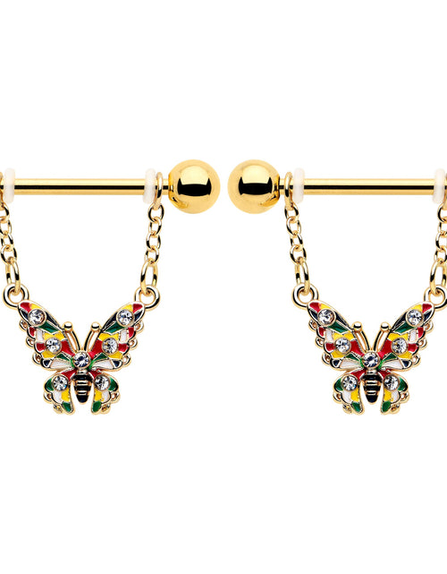 Load image into Gallery viewer, 14G 9/16 Clear Gem Gold Tone Color Block Butterfly Dangle Nipple Ring Set
