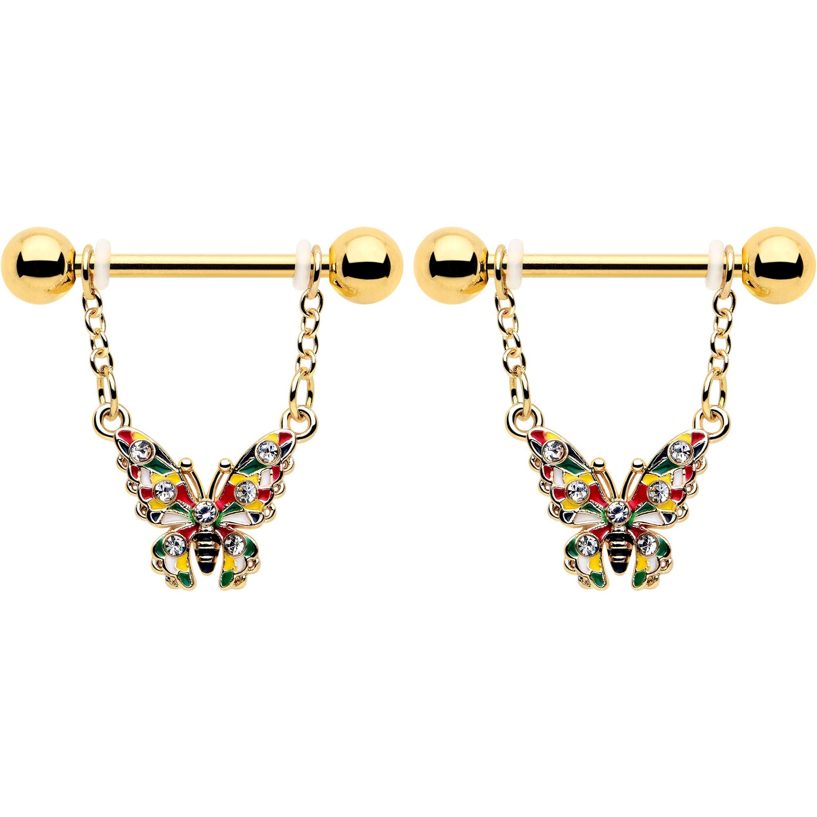 14G 9/16 Clear Gem Gold Tone Color Block Butterfly Dangle Nipple Ring Set