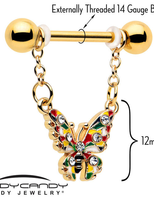 Load image into Gallery viewer, 14G 9/16 Clear Gem Gold Tone Color Block Butterfly Dangle Nipple Ring Set
