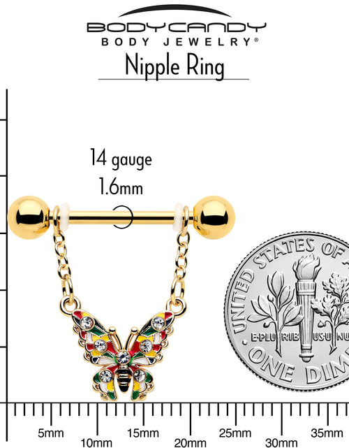 Load image into Gallery viewer, 14G 9/16 Clear Gem Gold Tone Color Block Butterfly Dangle Nipple Ring Set
