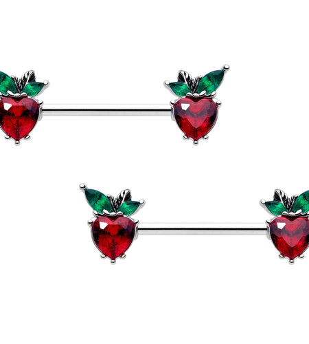 14G 9/16 Red Green Gem Strawberry Heart Barbell Nipple Ring Set