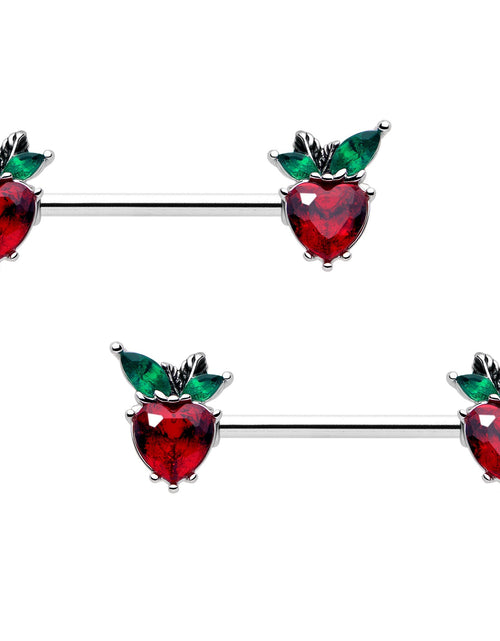 Load image into Gallery viewer, 14G 9/16 Red Green Gem Strawberry Heart Barbell Nipple Ring Set
