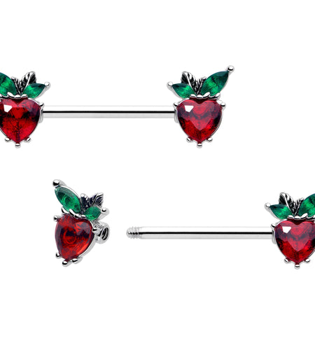 14G 9/16 Red Green Gem Strawberry Heart Barbell Nipple Ring Set