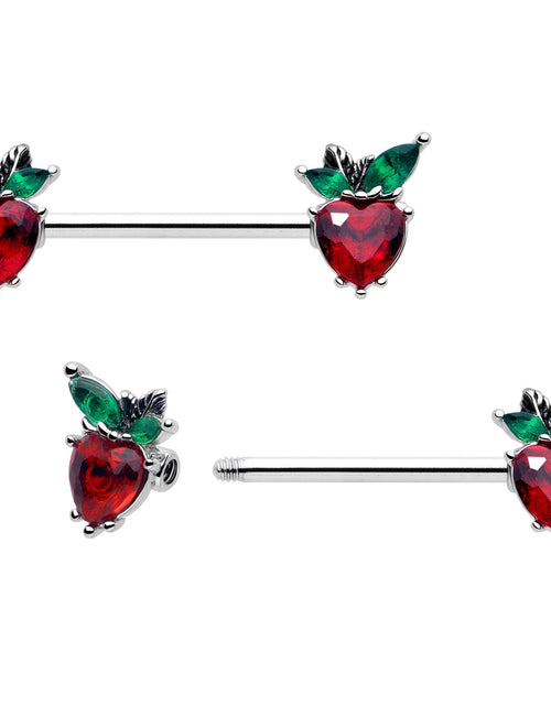 Load image into Gallery viewer, 14G 9/16 Red Green Gem Strawberry Heart Barbell Nipple Ring Set
